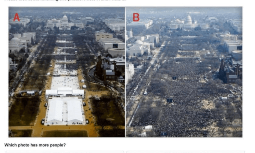To bilder av the Mall i washington DC som viser forsjell på folkemengden under innsettelsen av Obama og Trump
